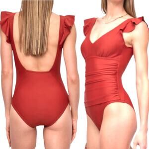 EUC DKNY Plunge Neck Ruffle One-Piece Swimsuit Sold Out  in Sunset Rust Sz Large